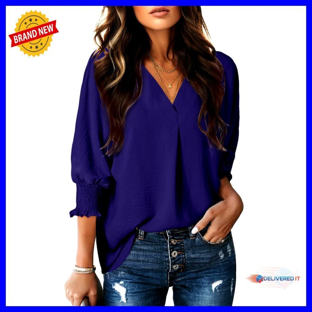 V-Neck 3/4 Sleeve Blouse Elegant Business Casual Textured Polyester Loose Fit
